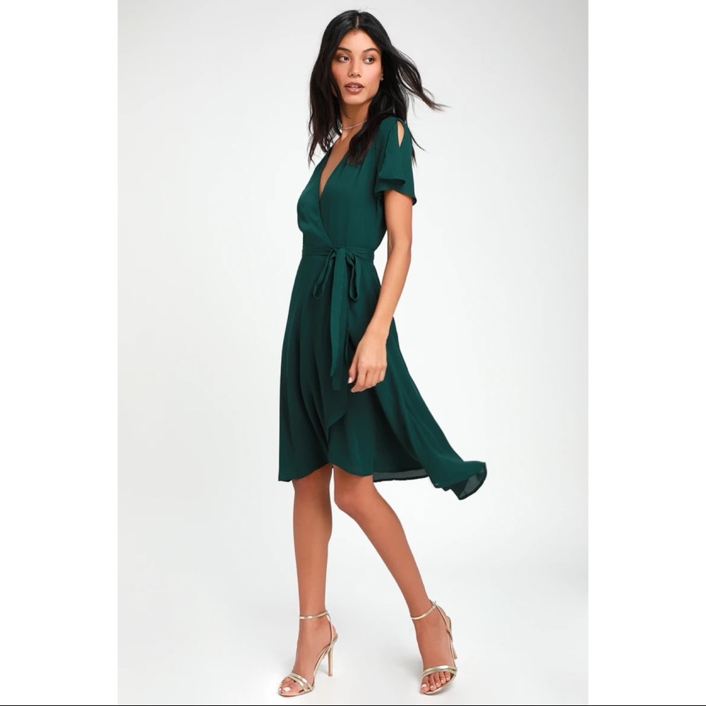 NWOT Lulus Rise to the Occasion Emerald Green Midi Wrap Dress Xsmall